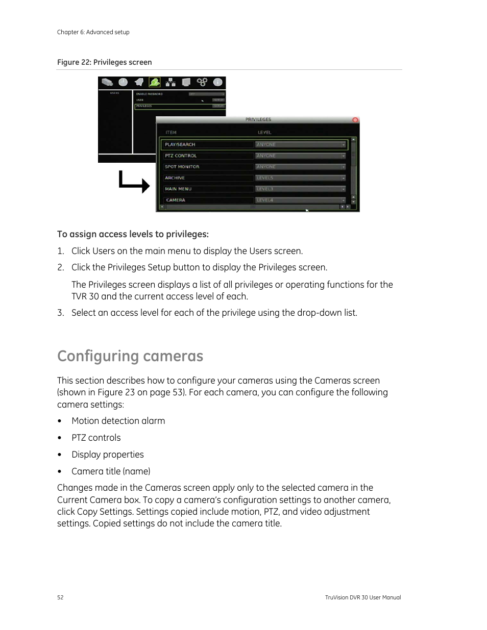 Configuring cameras, Configuring cameras 52 | Det-Tronics 000499-142 DVR, 16 Camera, 500GB (GE Security) User Manual | Page 56 / 92