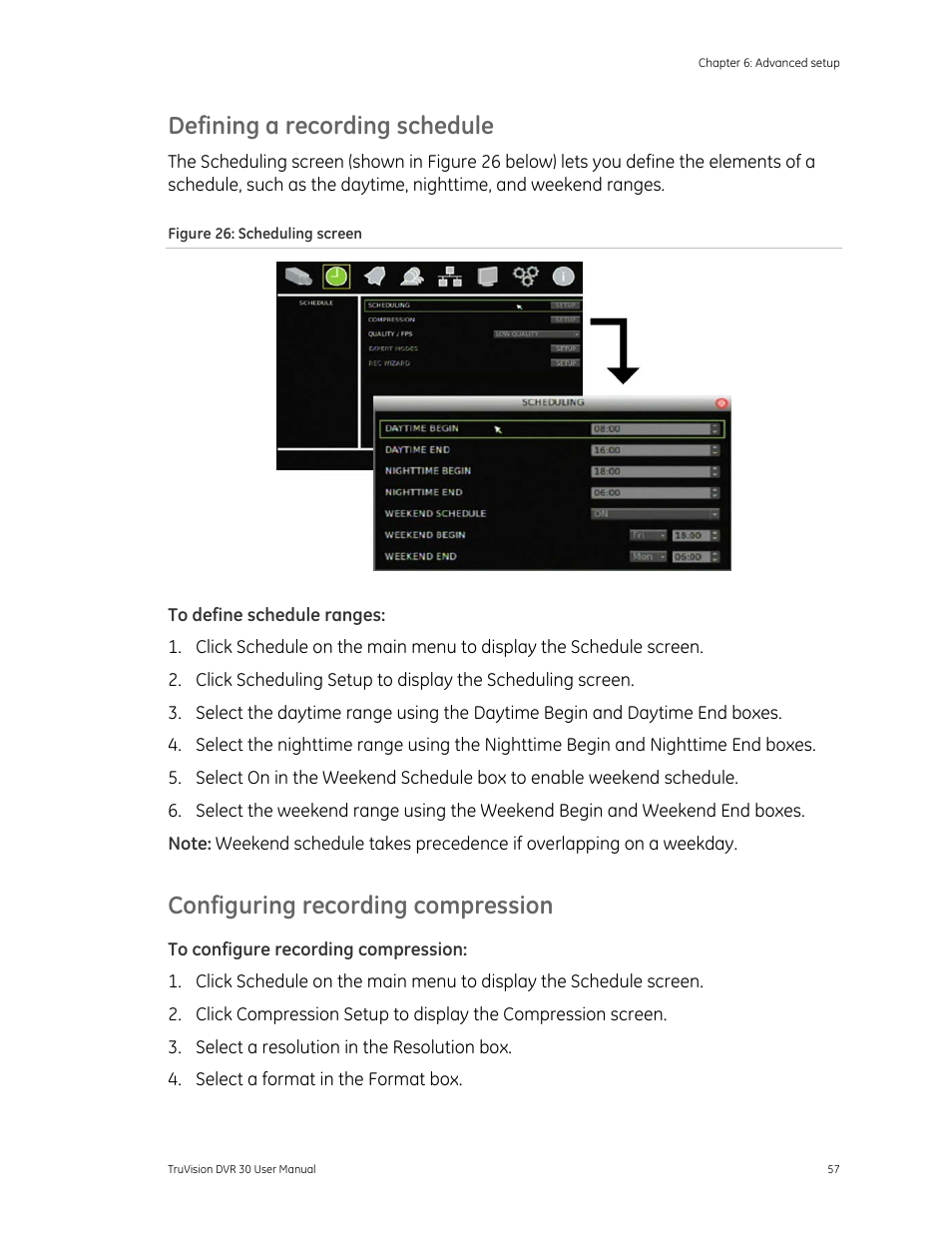 Defining a recording schedule, Configuring recording compression | Det-Tronics 000499-142 DVR, 16 Camera, 500GB (GE Security) User Manual | Page 61 / 92
