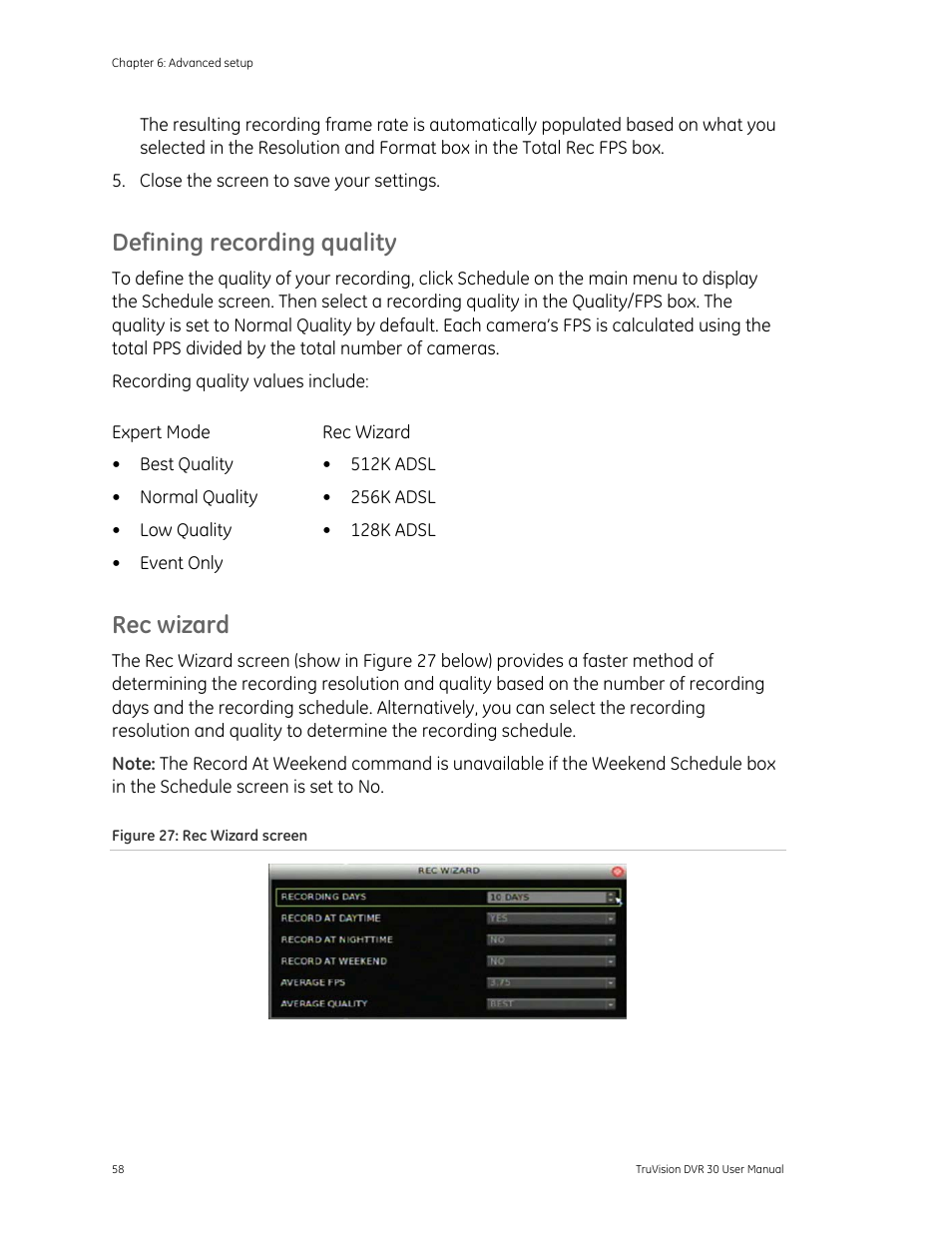 Defining recording quality 58, Defining recording quality, Rec wizard | Det-Tronics 000499-142 DVR, 16 Camera, 500GB (GE Security) User Manual | Page 62 / 92