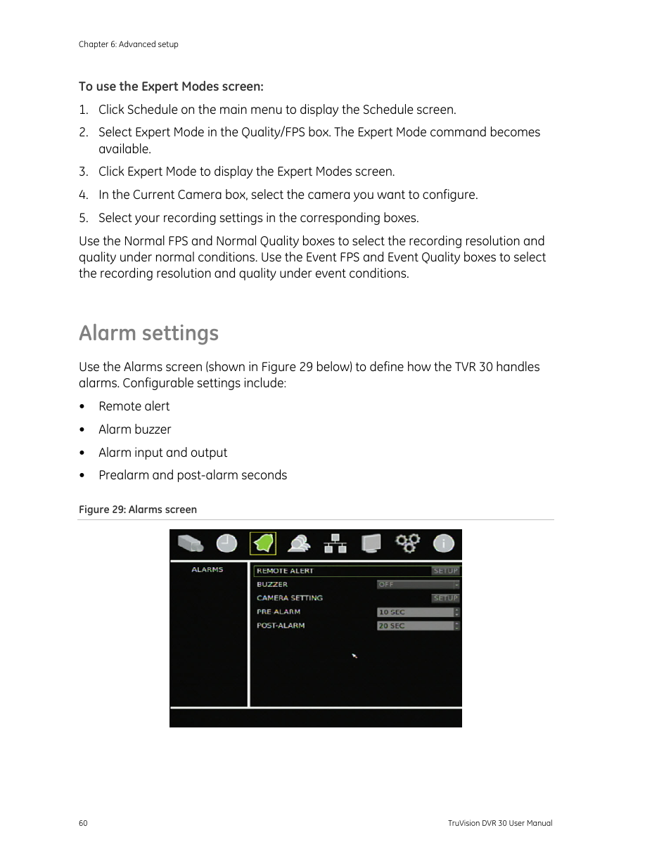 Alarm settings | Det-Tronics 000499-142 DVR, 16 Camera, 500GB (GE Security) User Manual | Page 64 / 92