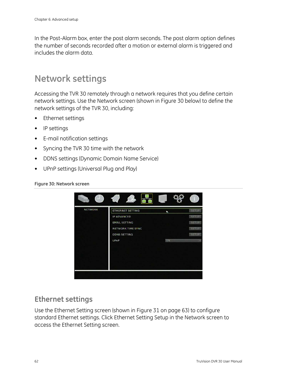 Network settings, Network settings 62, Ethernet settings | Det-Tronics 000499-142 DVR, 16 Camera, 500GB (GE Security) User Manual | Page 66 / 92