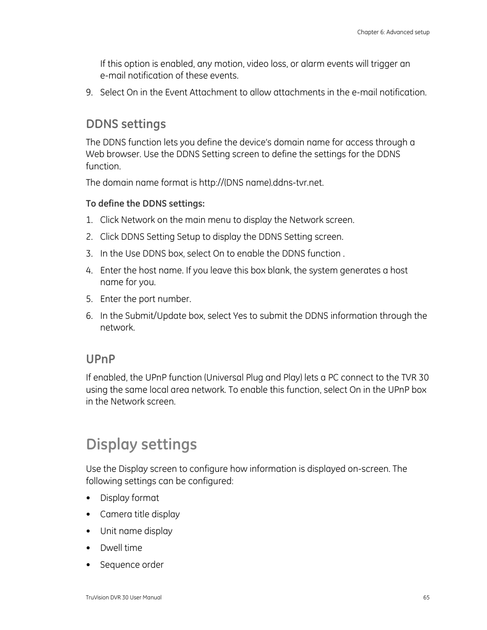 Display settings, Upnp 65, Ddns settings | Upnp | Det-Tronics 000499-142 DVR, 16 Camera, 500GB (GE Security) User Manual | Page 69 / 92