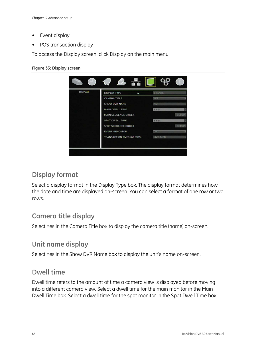 E display 66, Display format, Camera title display | Unit name display, Dwell time | Det-Tronics 000499-142 DVR, 16 Camera, 500GB (GE Security) User Manual | Page 70 / 92