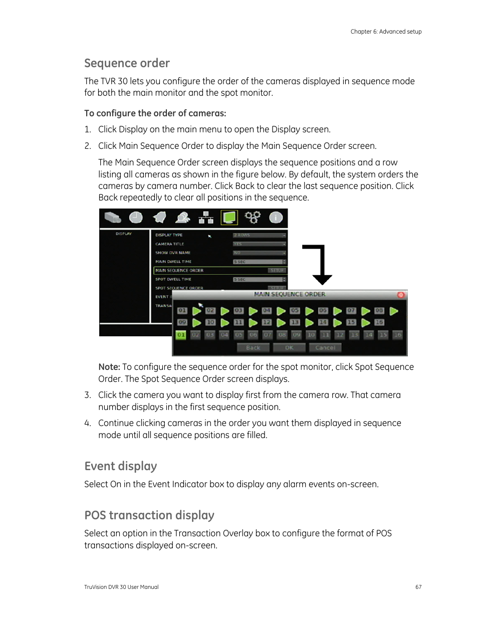 Y 67, Sequence order, Event display | Pos transaction display | Det-Tronics 000499-142 DVR, 16 Camera, 500GB (GE Security) User Manual | Page 71 / 92