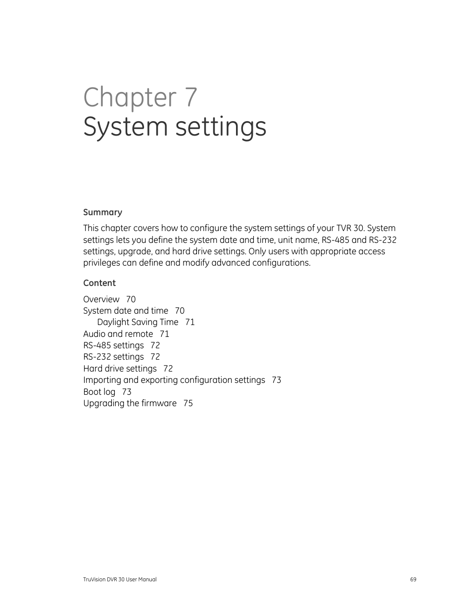 Chapter 7 system settings, System settings 69 | Det-Tronics 000499-142 DVR, 16 Camera, 500GB (GE Security) User Manual | Page 73 / 92