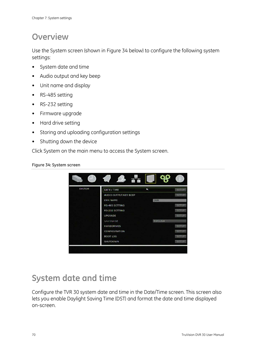 Overview, System date and time, 70 system date and time 70 | System date and time 70 | Det-Tronics 000499-142 DVR, 16 Camera, 500GB (GE Security) User Manual | Page 74 / 92