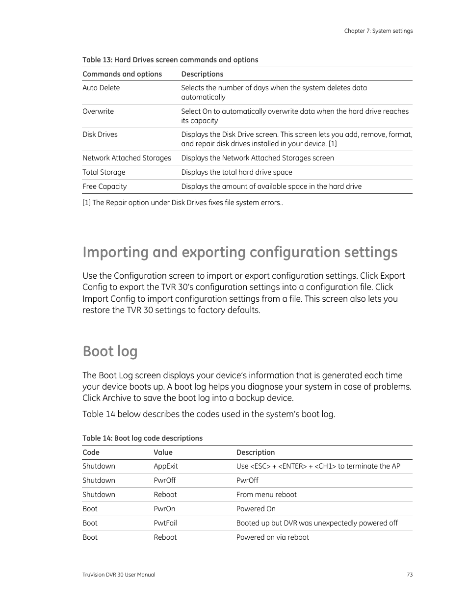 Importing and exporting configuration settings, Boot log, Log 73 | Det-Tronics 000499-142 DVR, 16 Camera, 500GB (GE Security) User Manual | Page 77 / 92