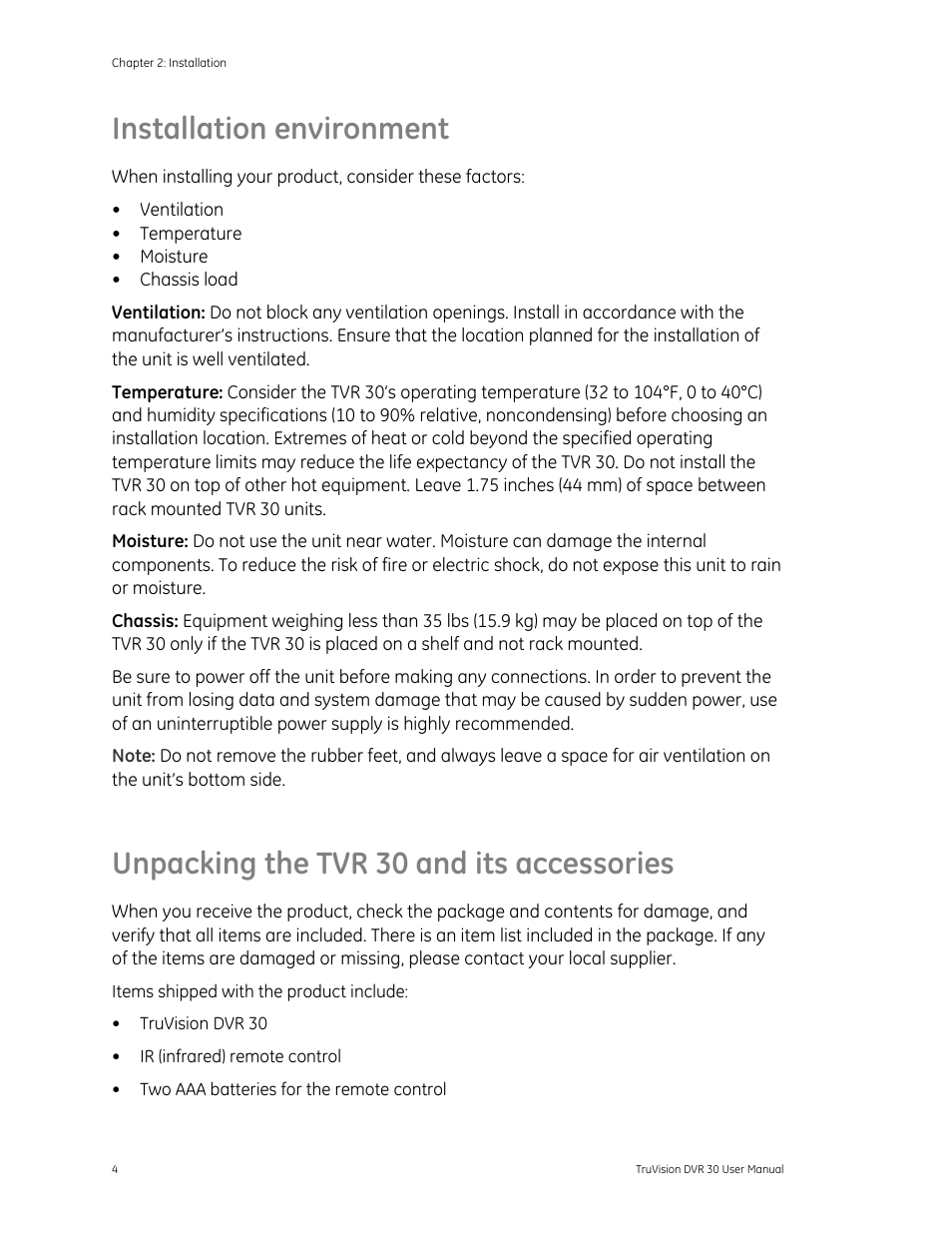 Installation environment, Unpacking the tvr 30 and its accessories | Det-Tronics 000499-142 DVR, 16 Camera, 500GB (GE Security) User Manual | Page 8 / 92