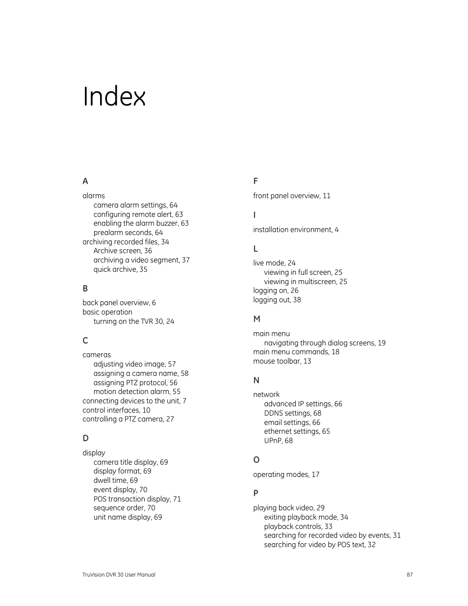 Index | Det-Tronics 000499-142 DVR, 16 Camera, 500GB (GE Security) User Manual | Page 91 / 92