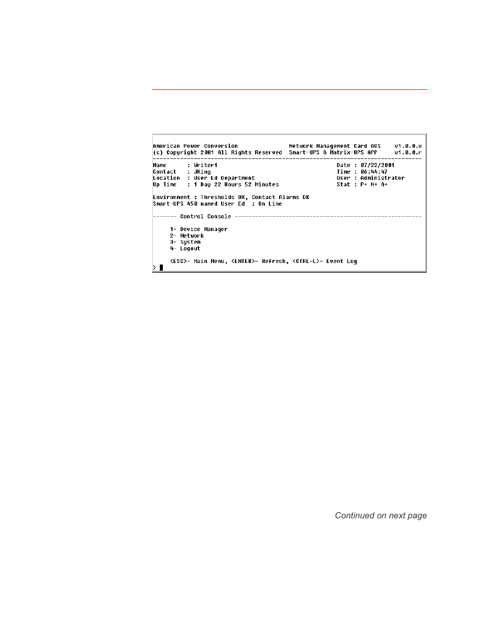 Main screen, Example main screen, Status and identification information | Dpsoh 0dlq vfuhhq, 6wdwxv dqg lghqwlilfdwlrq lqirupdwlrq, Control console | APC Network Management Card none User Manual | Page 15 / 77