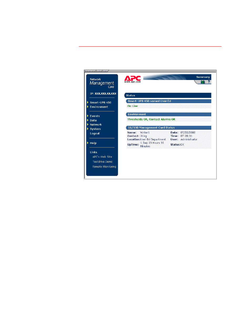 Status and identification information, Dpsoh :he sdjh, 6wdwxv dqg lghqwlilfdwlrq lqirupdwlrq | Web interface, Status summary page | APC Network Management Card none User Manual | Page 21 / 77