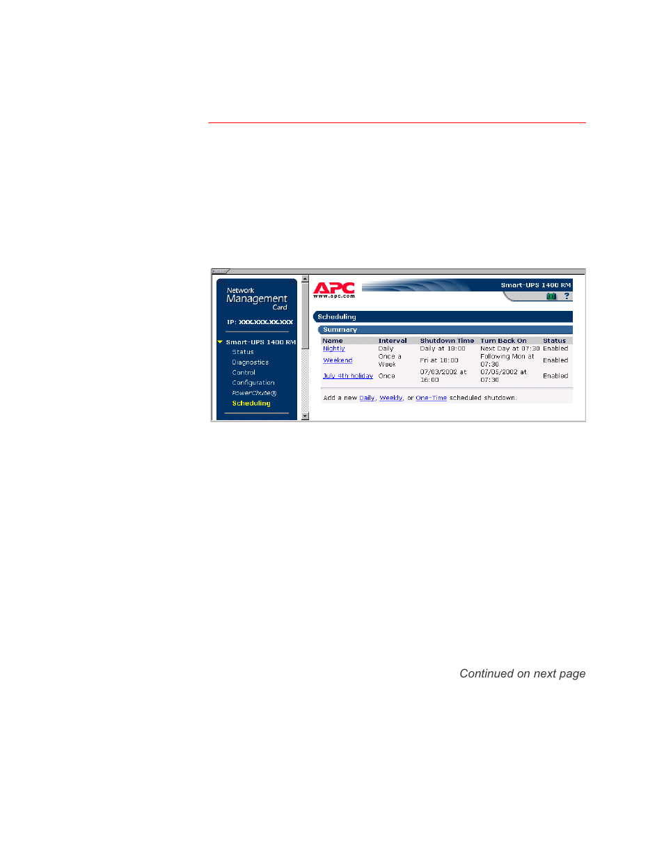 Scheduling (ups shutdown), Overview, How to schedule a shutdown | 2yhuylhz, Rz wr 6fkhgxoh d 6kxwgrzq, Device manager menus | APC Network Management Card none User Manual | Page 48 / 77