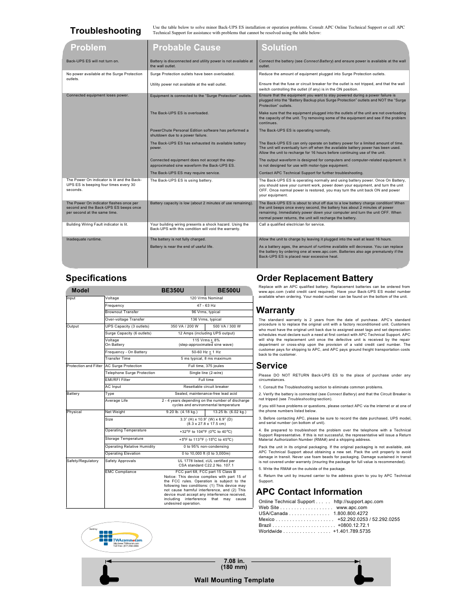 Troubleshooting, Order replacement battery, Wall mounting template | APC ES 500 User Manual | Page 2 / 2