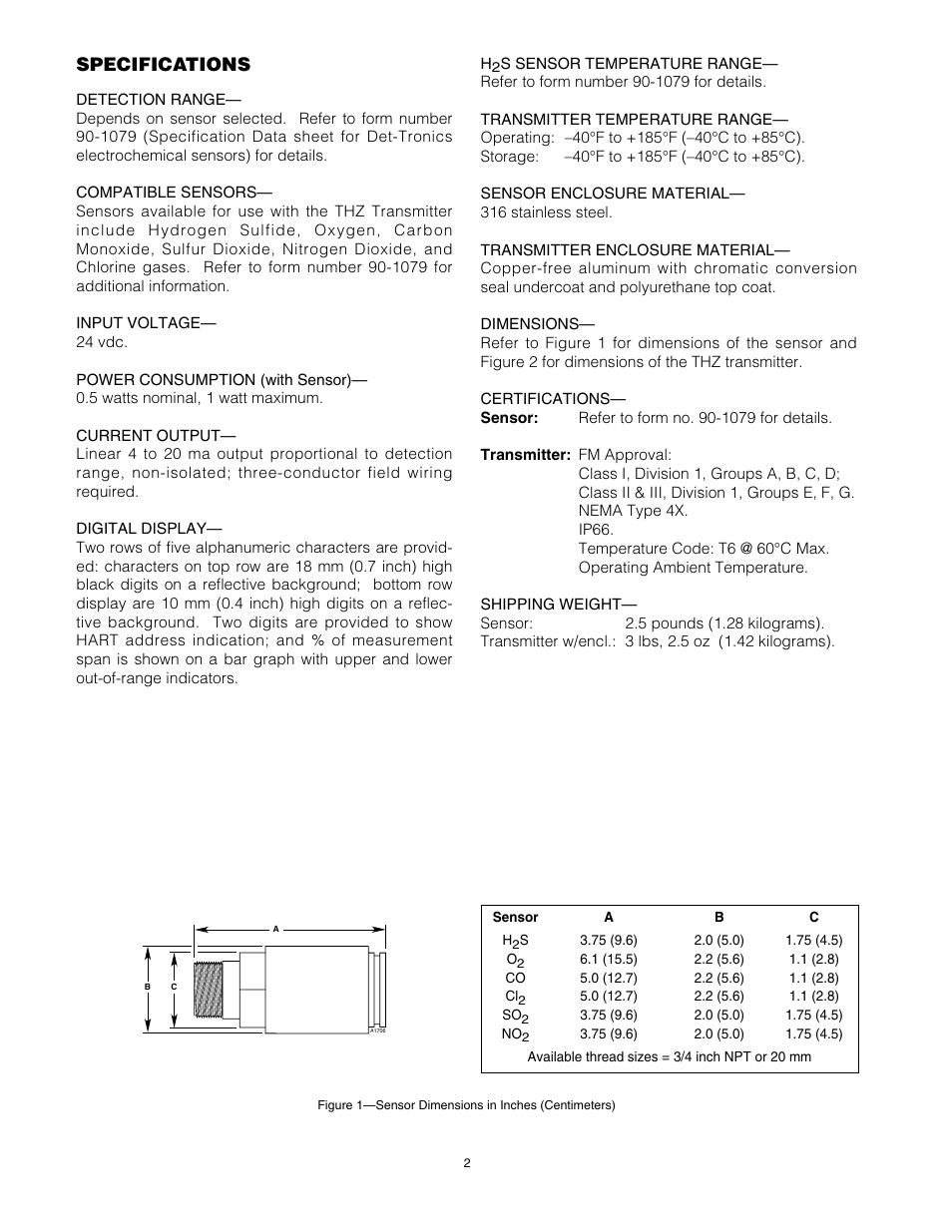 Specifications | Det-Tronics THZ HART Combustible Gas Transmitter User Manual | Page 2 / 8