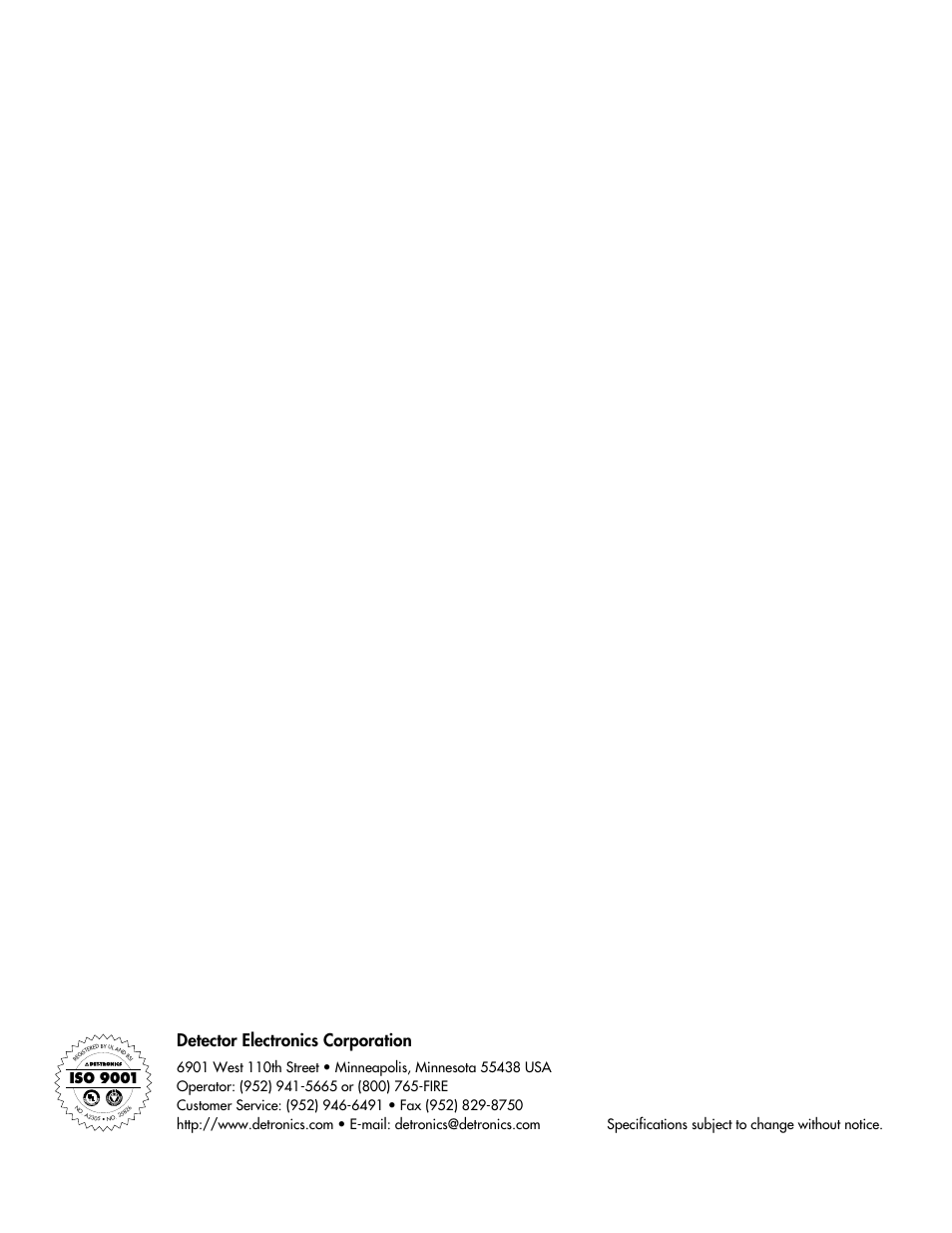 Detector electronics corporation, Iso 9001 | Det-Tronics THZ HART Combustible Gas Transmitter User Manual | Page 8 / 8