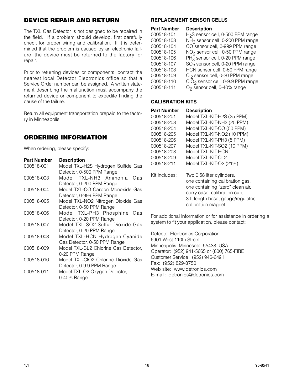 Det-Tronics TXL Series Gas Transmitter User Manual | Page 18 / 18