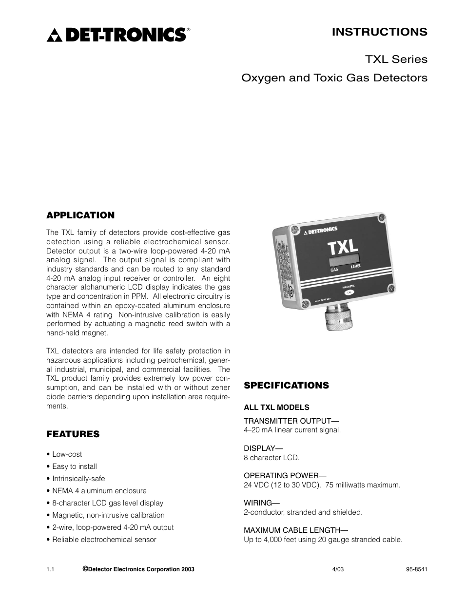 Tronics | Det-Tronics TXL Series Gas Transmitter User Manual | Page 3 / 18
