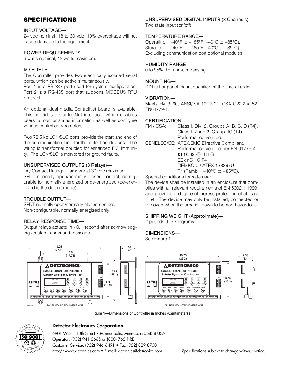 Specifications, Detector electronics corporation, Tronics | Iso 9001 | Det-Tronics EQ3000 Eagle Quantum Premier (V1.0) User Manual | Page 2 / 2
