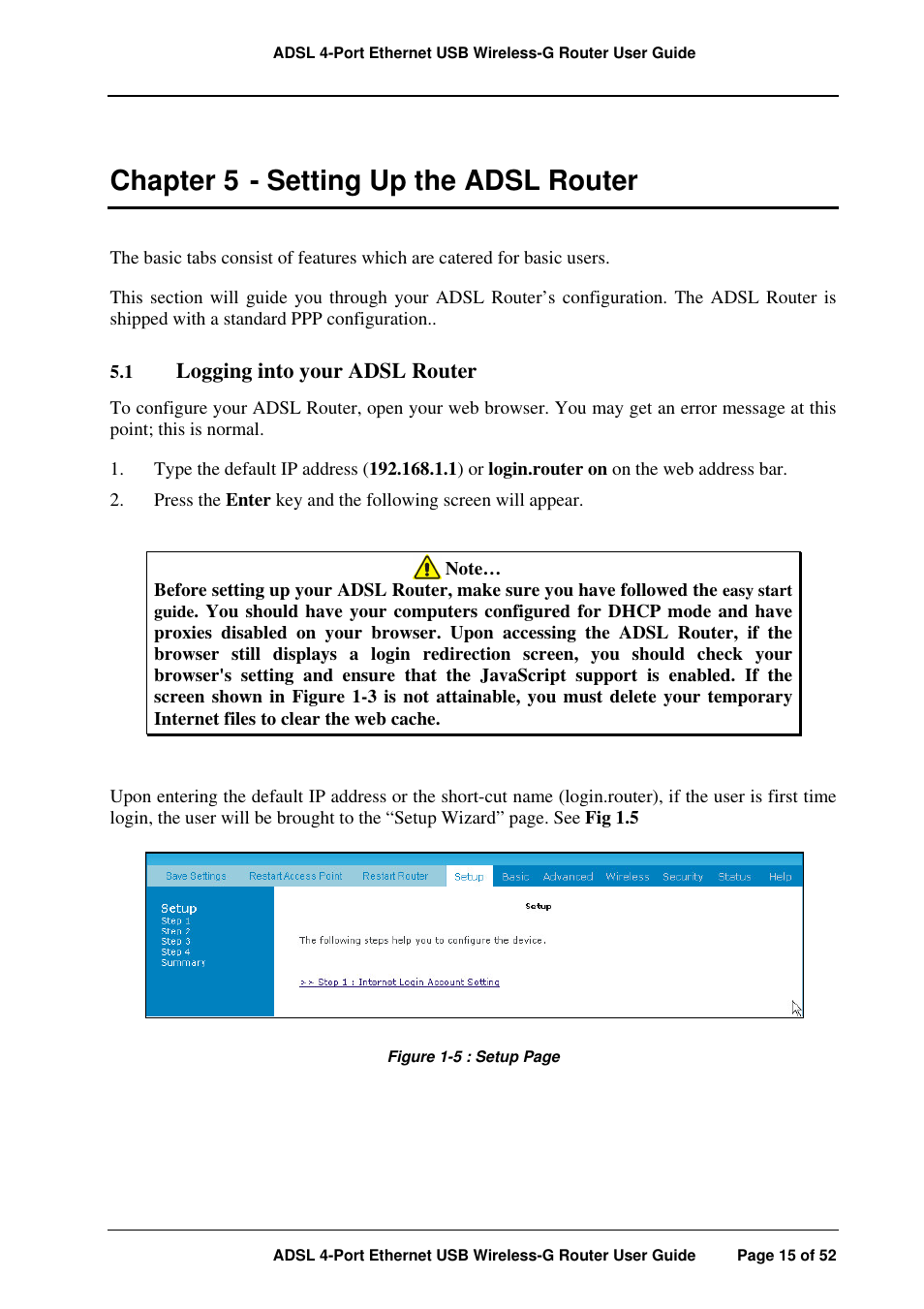 Chapter 5 - setting up the adsl router, Logging into your adsl router | APC ADSL 4-Port User Manual | Page 15 / 52
