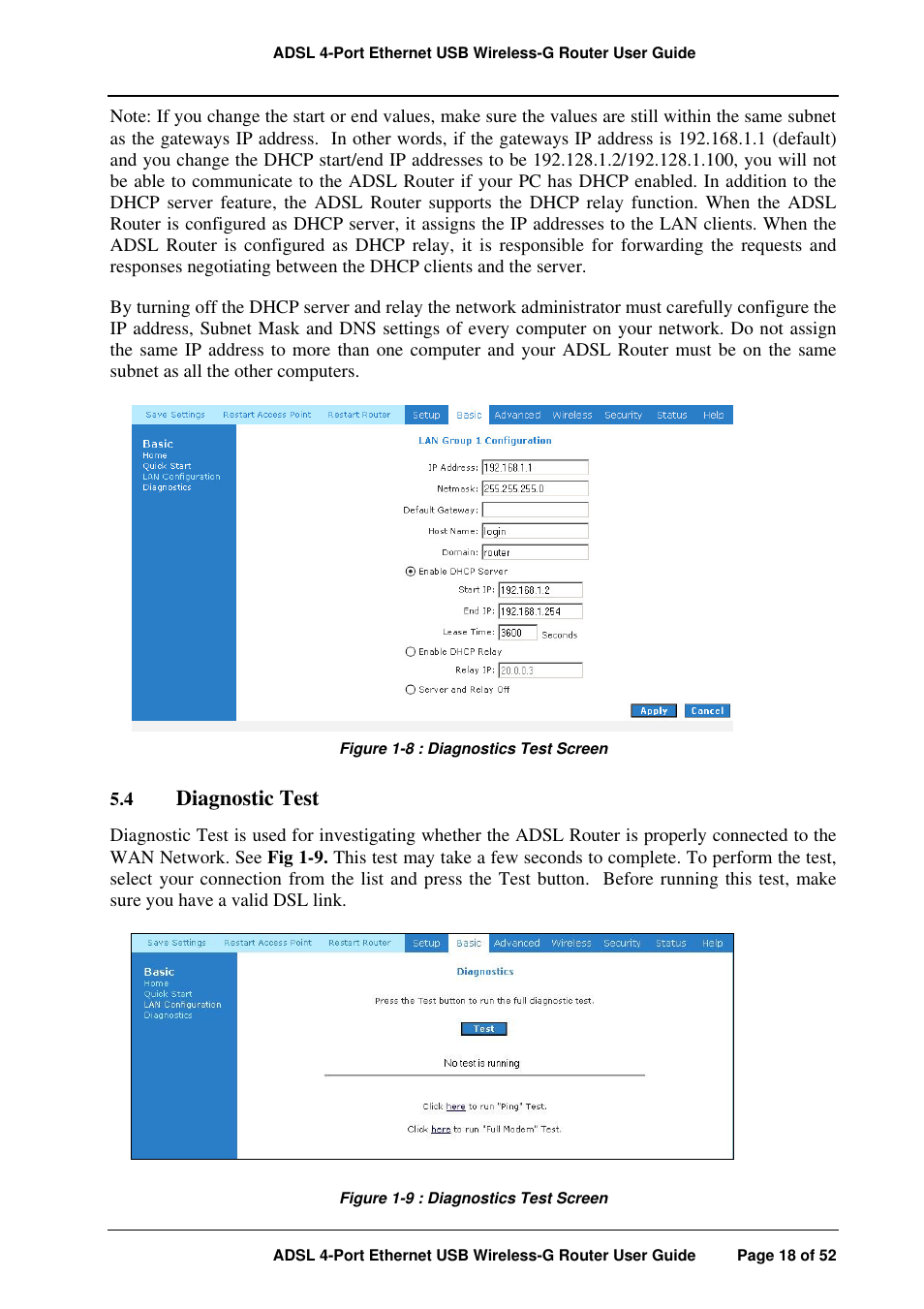 Diagnostic test | APC ADSL 4-Port User Manual | Page 18 / 52