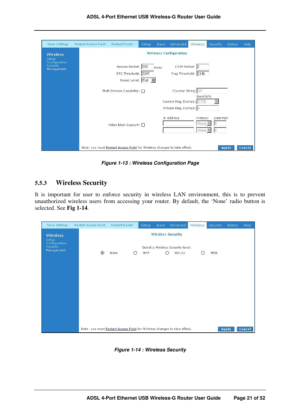 Wireless security | APC ADSL 4-Port User Manual | Page 21 / 52