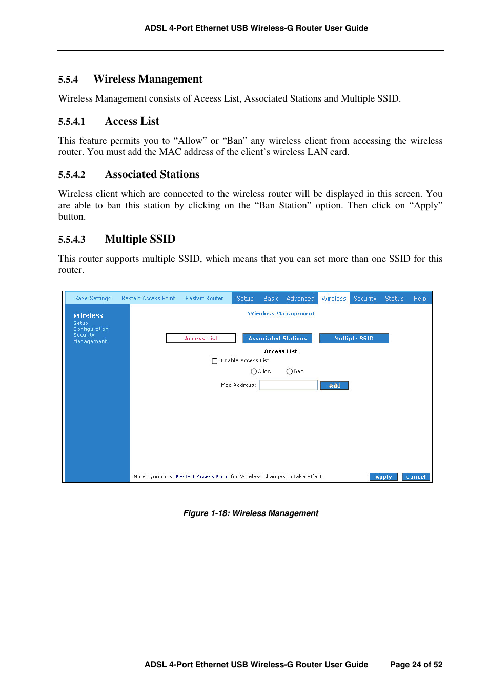 Wireless management, Access list, Associated stations | Multiple ssid | APC ADSL 4-Port User Manual | Page 24 / 52