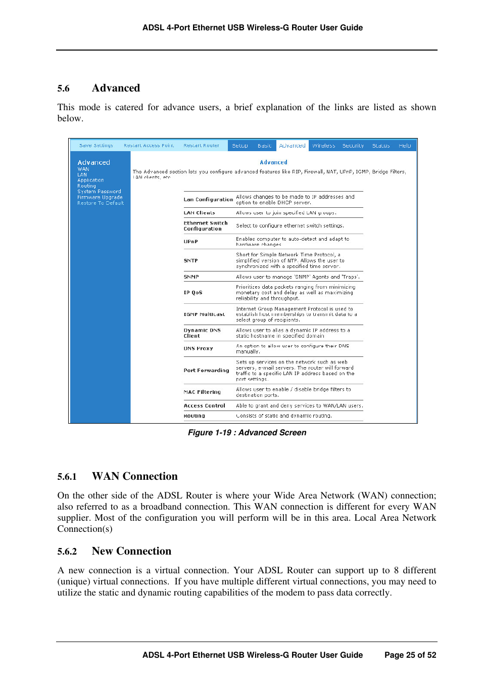Advanced, Wan connection, New connection | APC ADSL 4-Port User Manual | Page 25 / 52