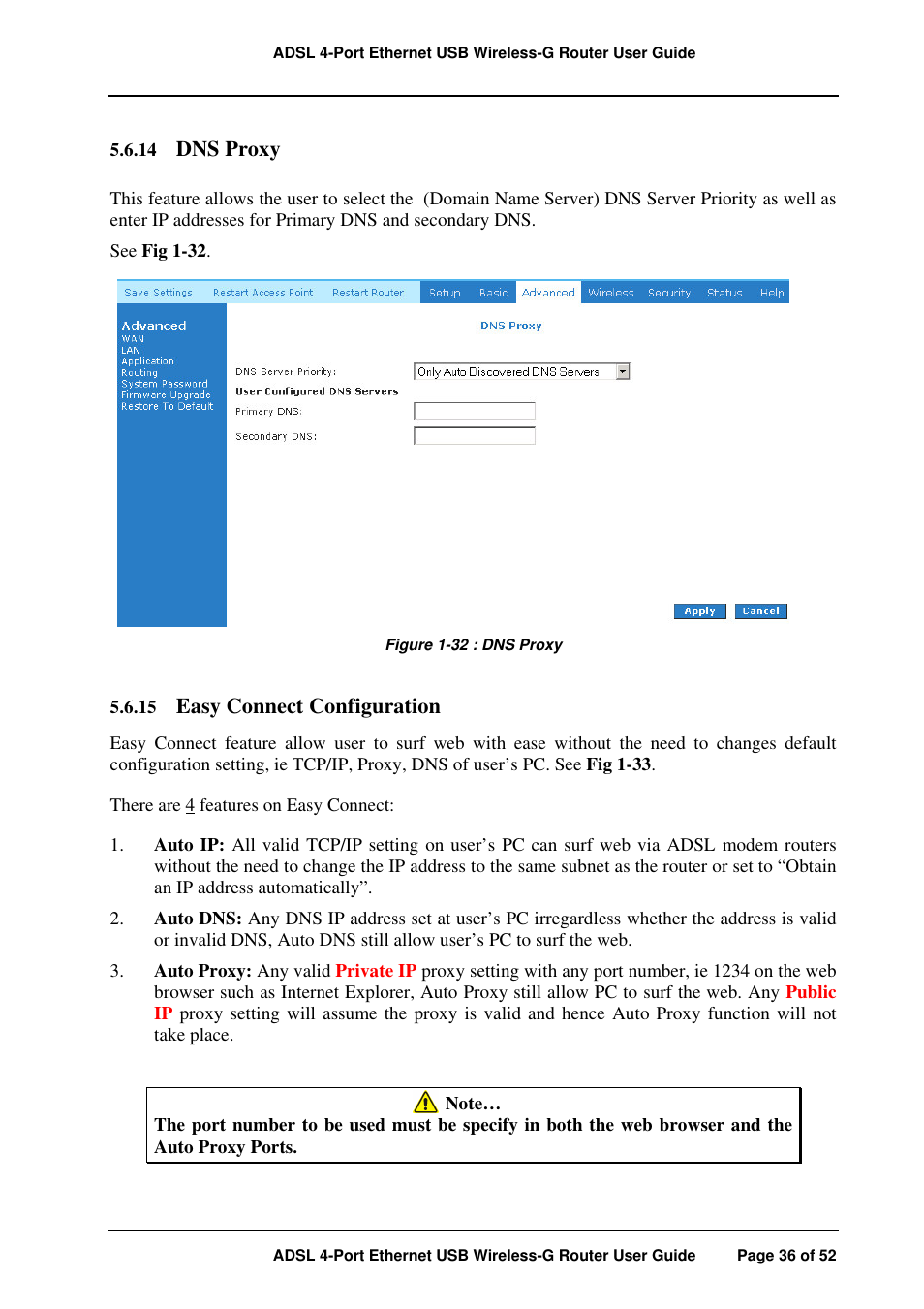 Dns proxy, Easy connect configuration | APC ADSL 4-Port User Manual | Page 36 / 52