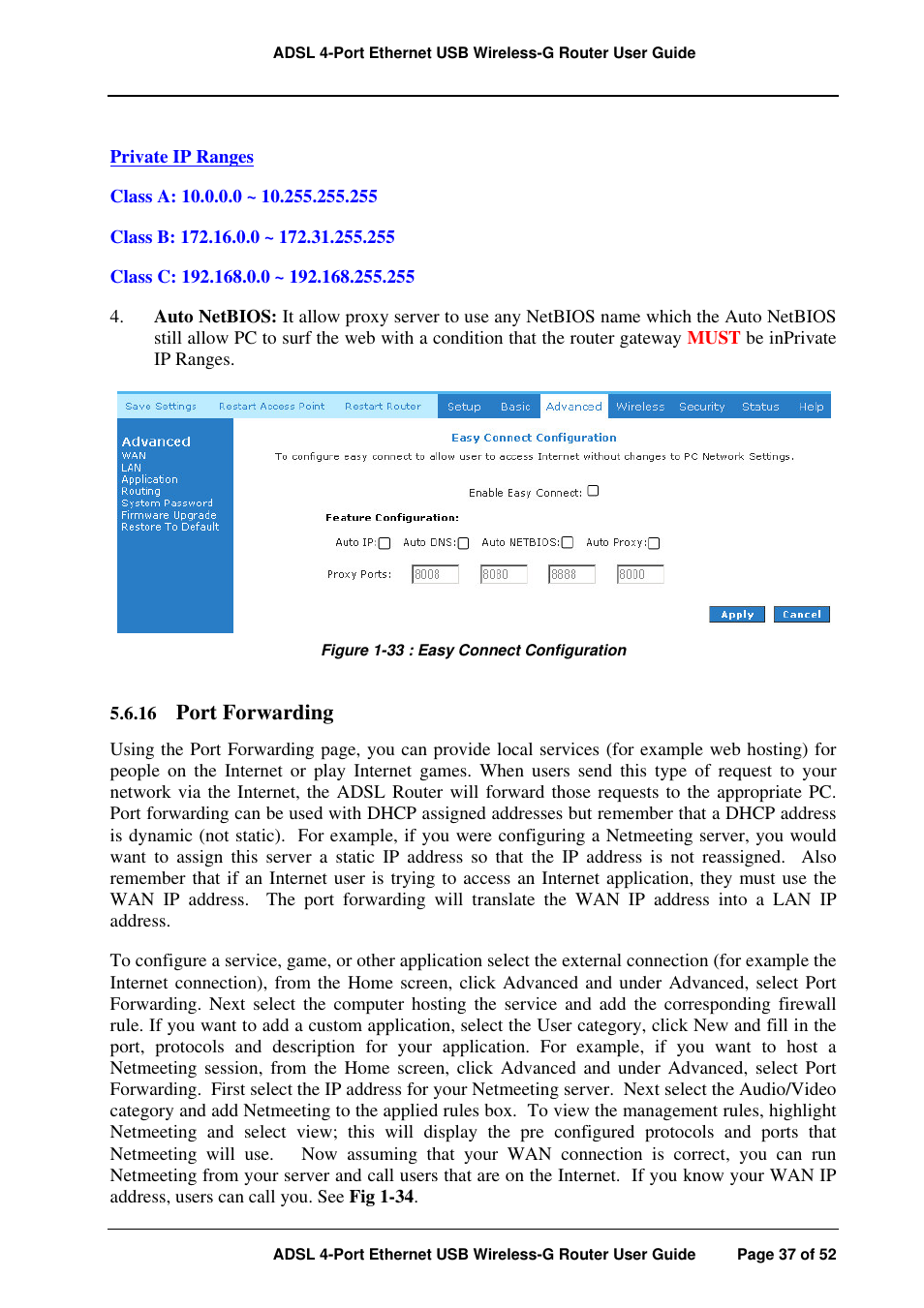 Port forwarding | APC ADSL 4-Port User Manual | Page 37 / 52