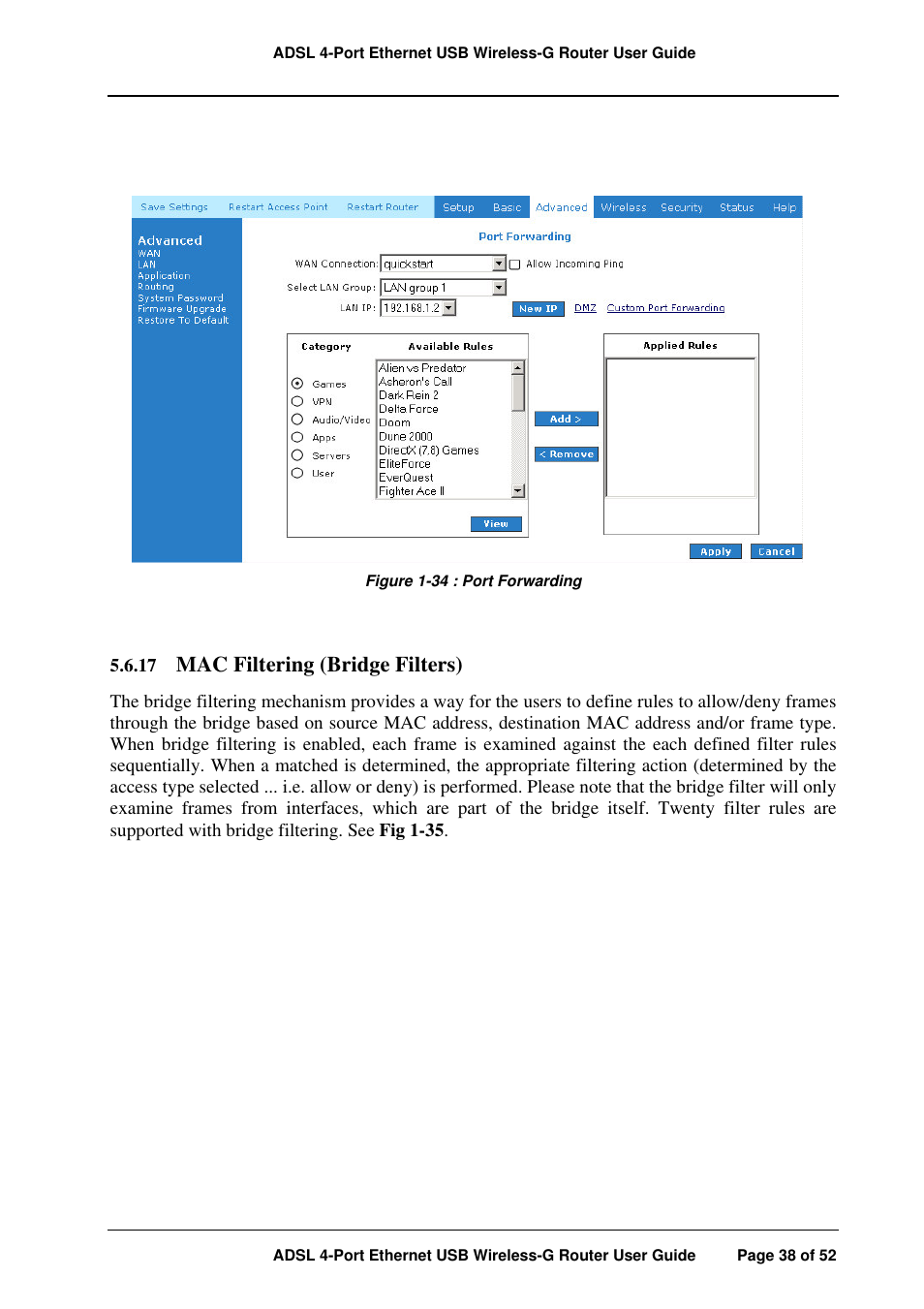 Mac filtering (bridge filters) | APC ADSL 4-Port User Manual | Page 38 / 52
