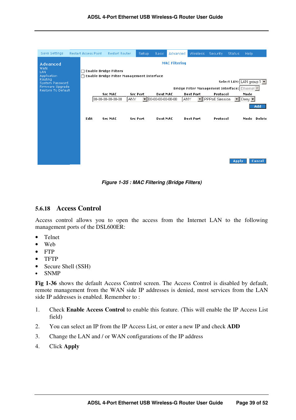 Access control | APC ADSL 4-Port User Manual | Page 39 / 52