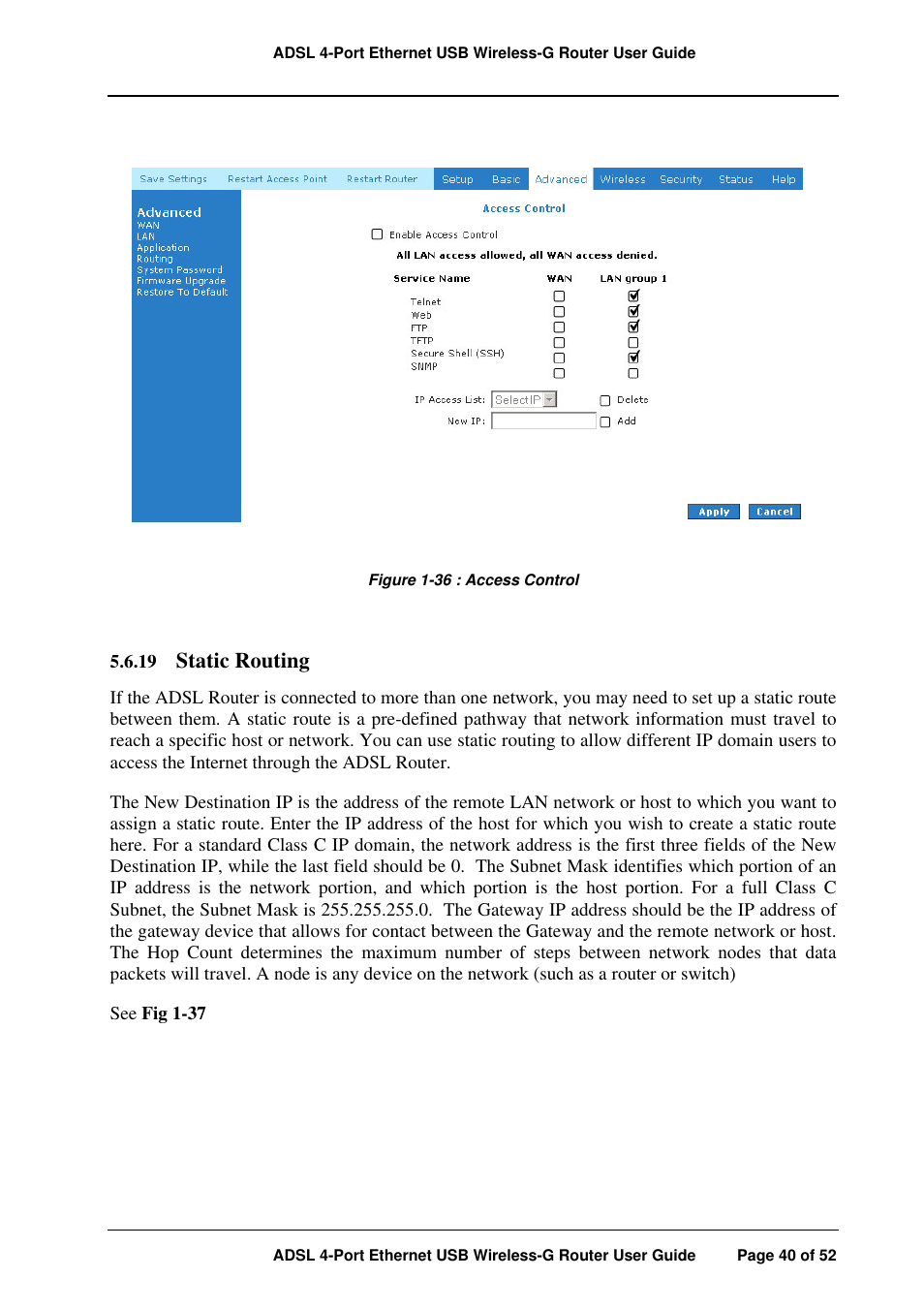 Static routing | APC ADSL 4-Port User Manual | Page 40 / 52