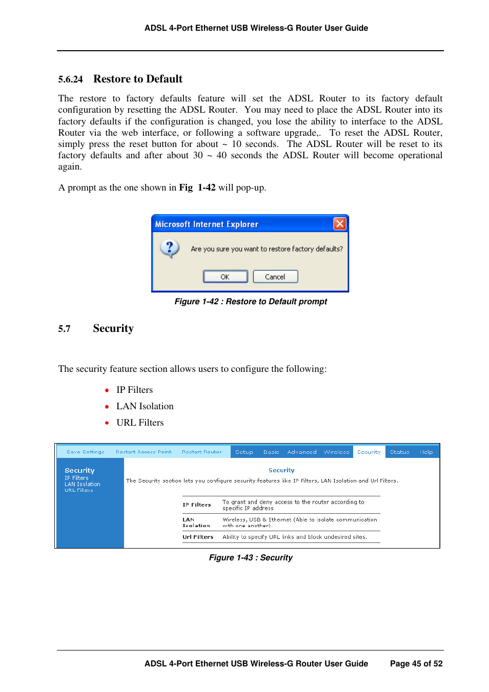 Restore to default, Security | APC ADSL 4-Port User Manual | Page 45 / 52