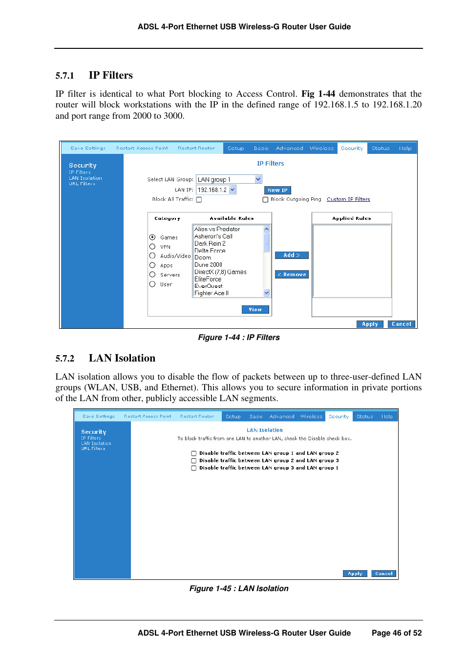 Ip filters, Lan isolation | APC ADSL 4-Port User Manual | Page 46 / 52
