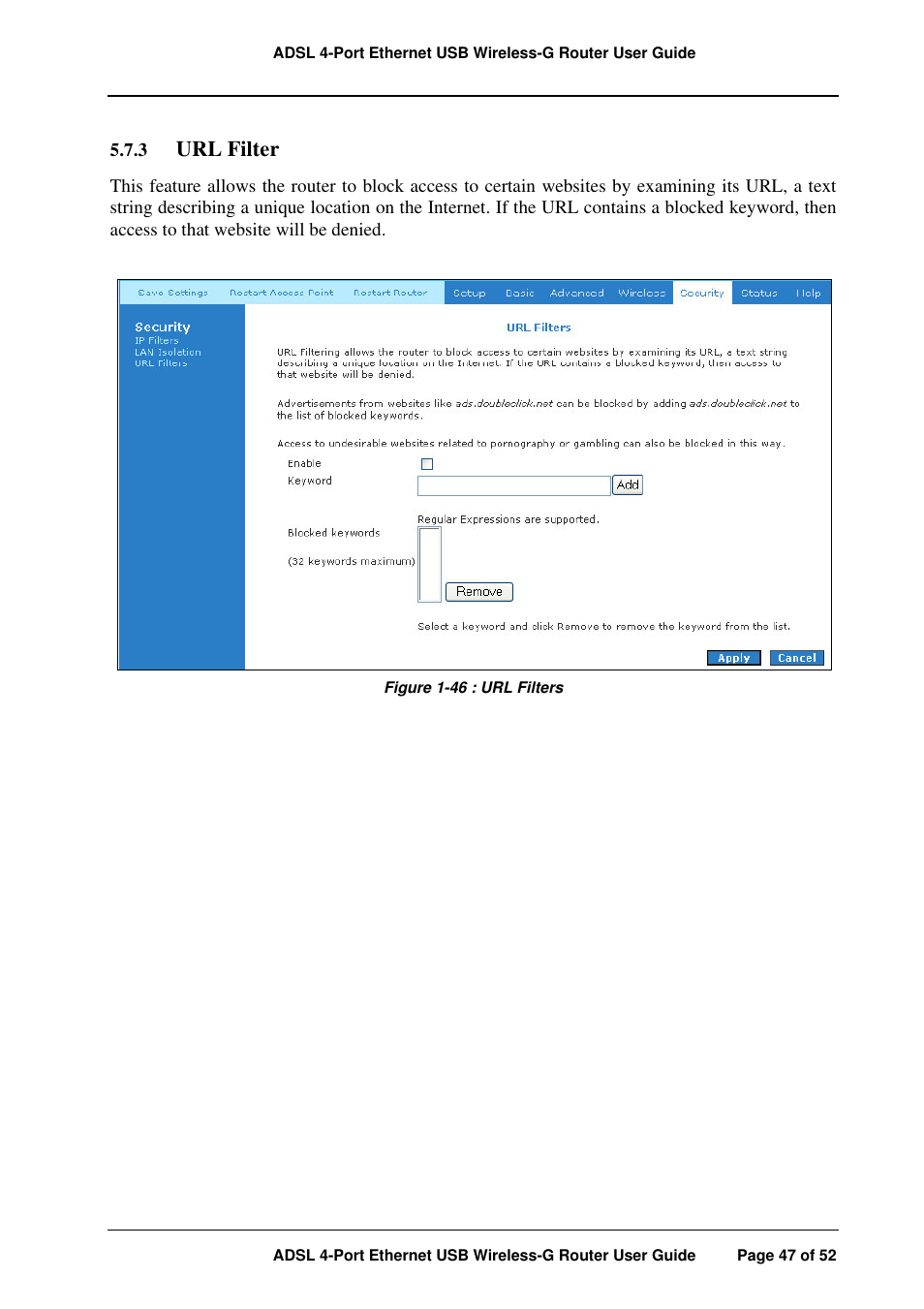 Url filter | APC ADSL 4-Port User Manual | Page 47 / 52