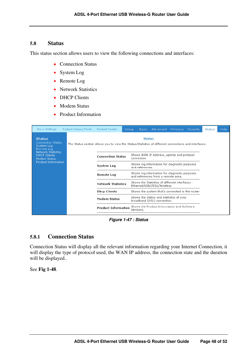 Status, Connection status | APC ADSL 4-Port User Manual | Page 48 / 52