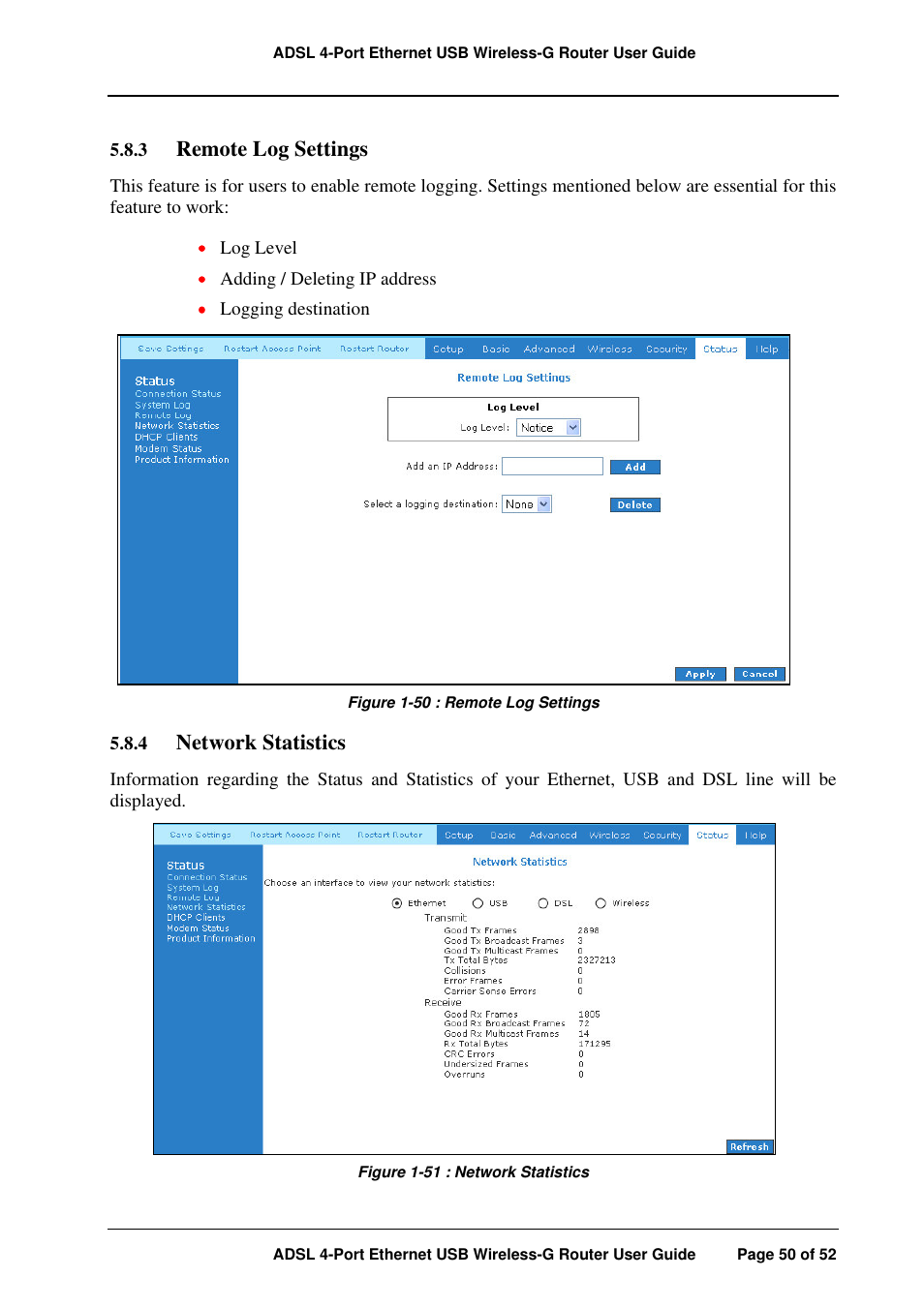 Remote log settings, Network statistics | APC ADSL 4-Port User Manual | Page 50 / 52
