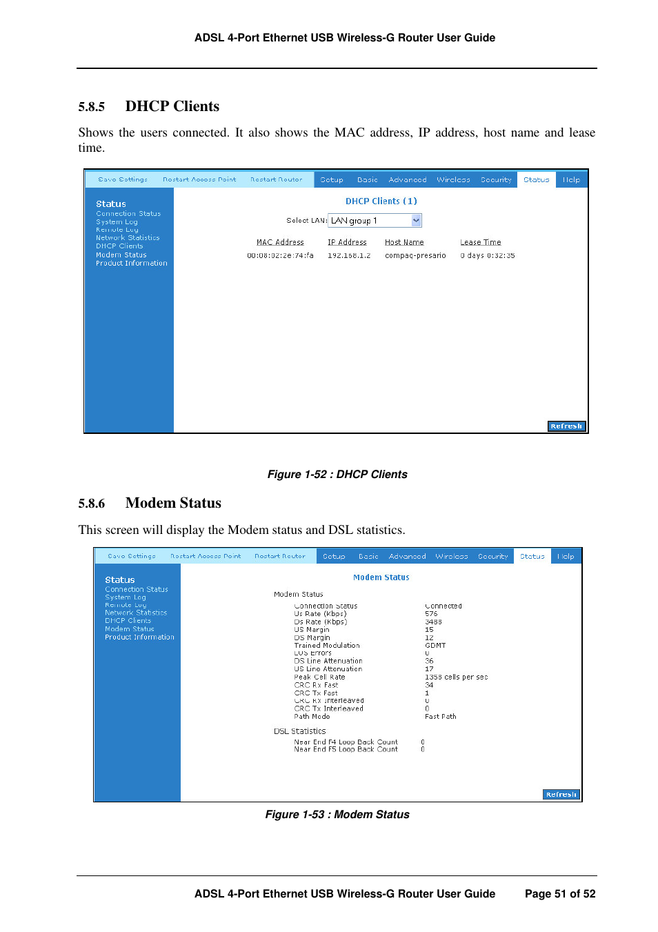 Dhcp clients, Modem status | APC ADSL 4-Port User Manual | Page 51 / 52