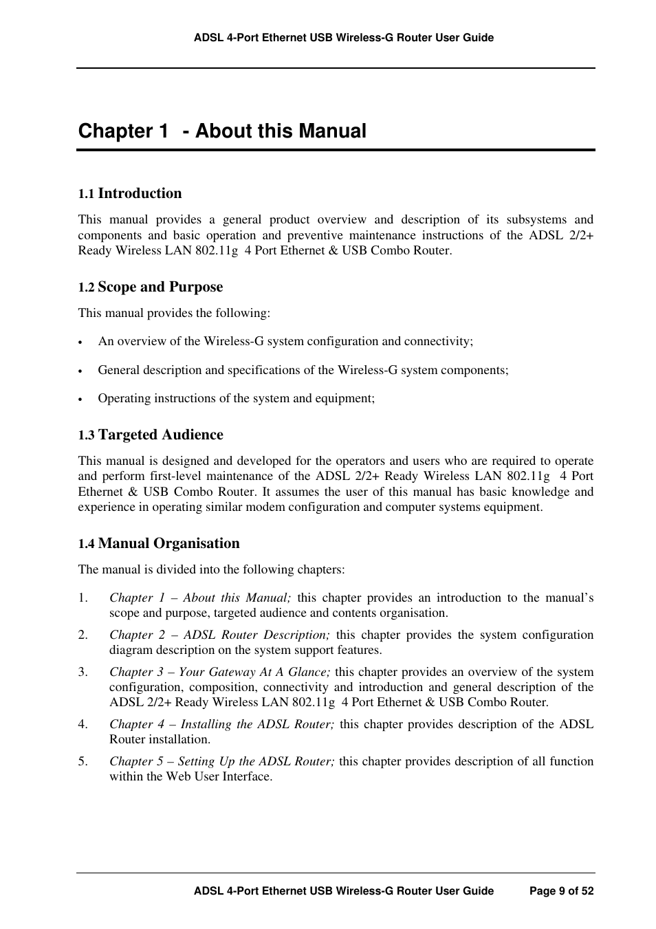 Chapter 1 - about this manual, Introduction, Scope and purpose | Targeted audience, Manual organisation | APC ADSL 4-Port User Manual | Page 9 / 52