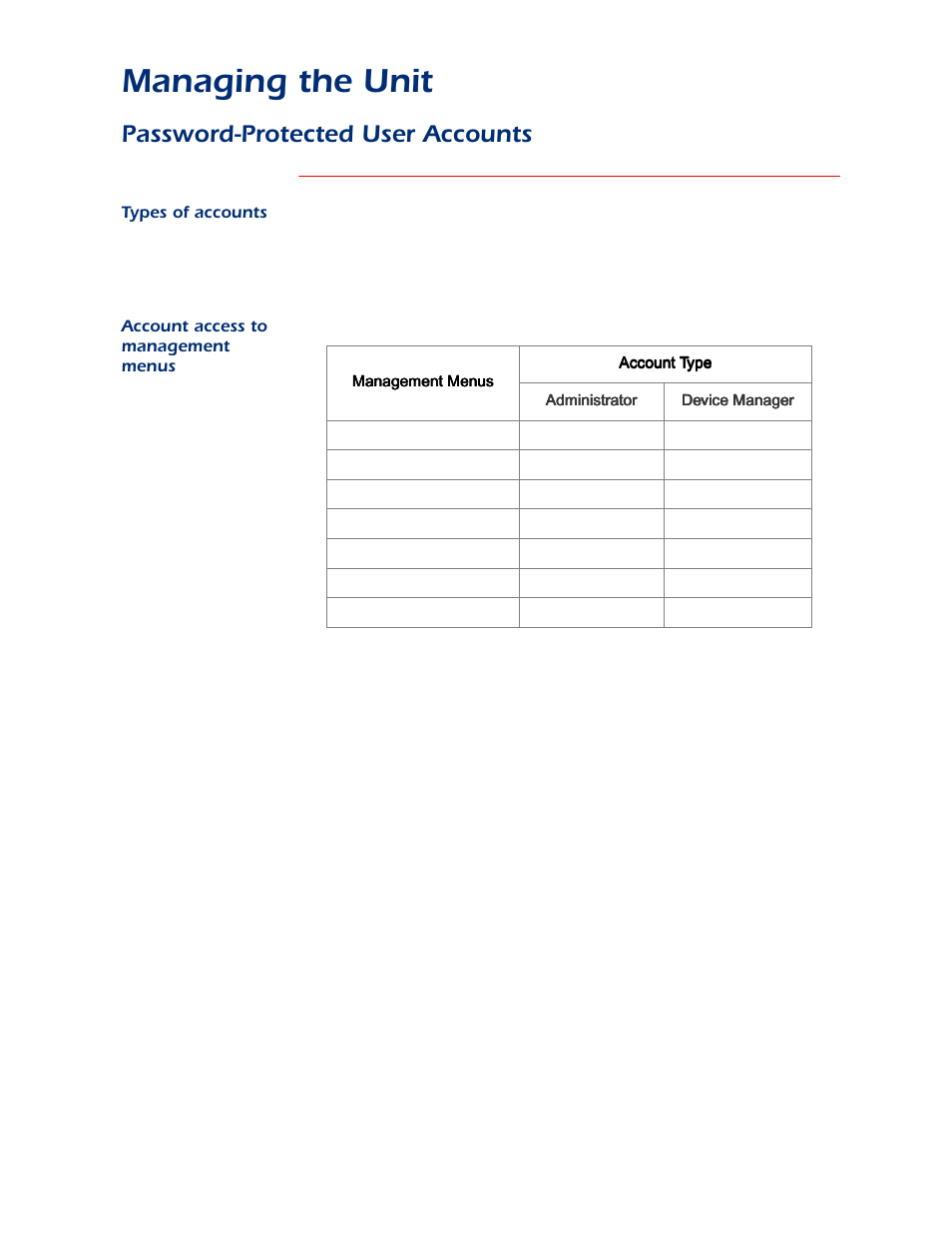 Password-protected user accounts, Types of accounts, Account access to management menus | Managing the unit | APC AP9312TH User Manual | Page 10 / 32