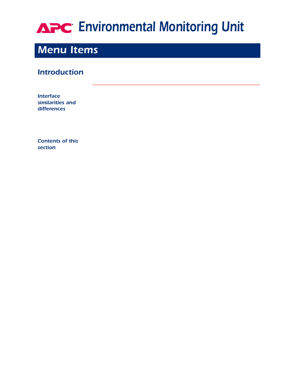 Menu items, Introduction, Interface similarities and differences | Contents of this section, Environmental monitoring unit | APC AP9312TH User Manual | Page 11 / 32