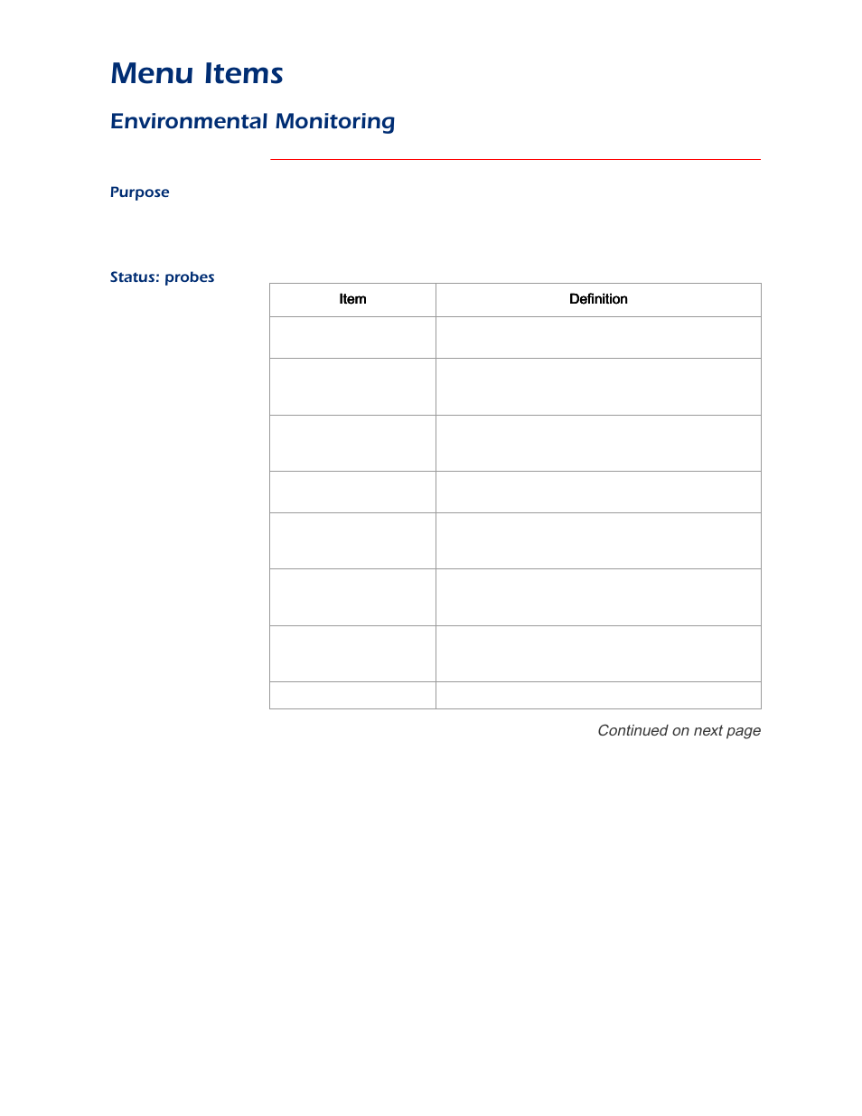 Environmental monitoring, Purpose, Status: probes | Menu items | APC AP9312TH User Manual | Page 12 / 32