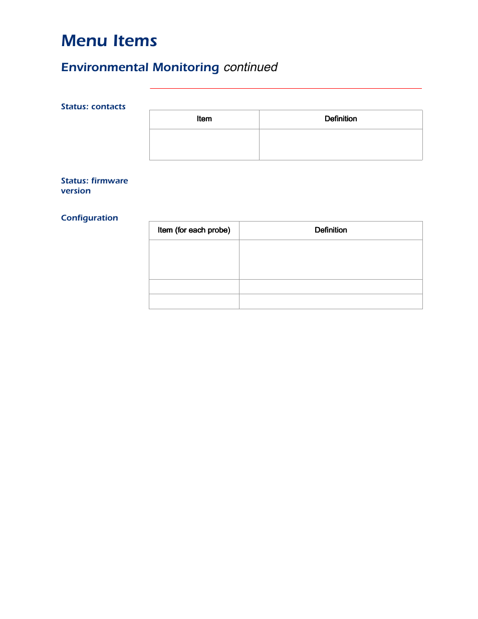 Status: contacts, Status: firmware version, Configuration | Menu items, Continued, Environmental monitoring | APC AP9312TH User Manual | Page 13 / 32