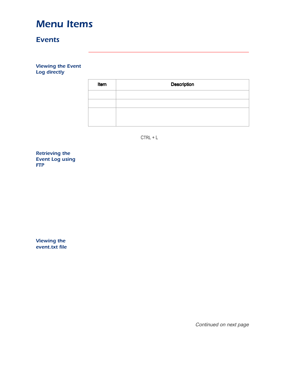 Events, Viewing the event log directly, Retrieving the event log using ftp | Viewing the event.txt file, Menu items | APC AP9312TH User Manual | Page 14 / 32