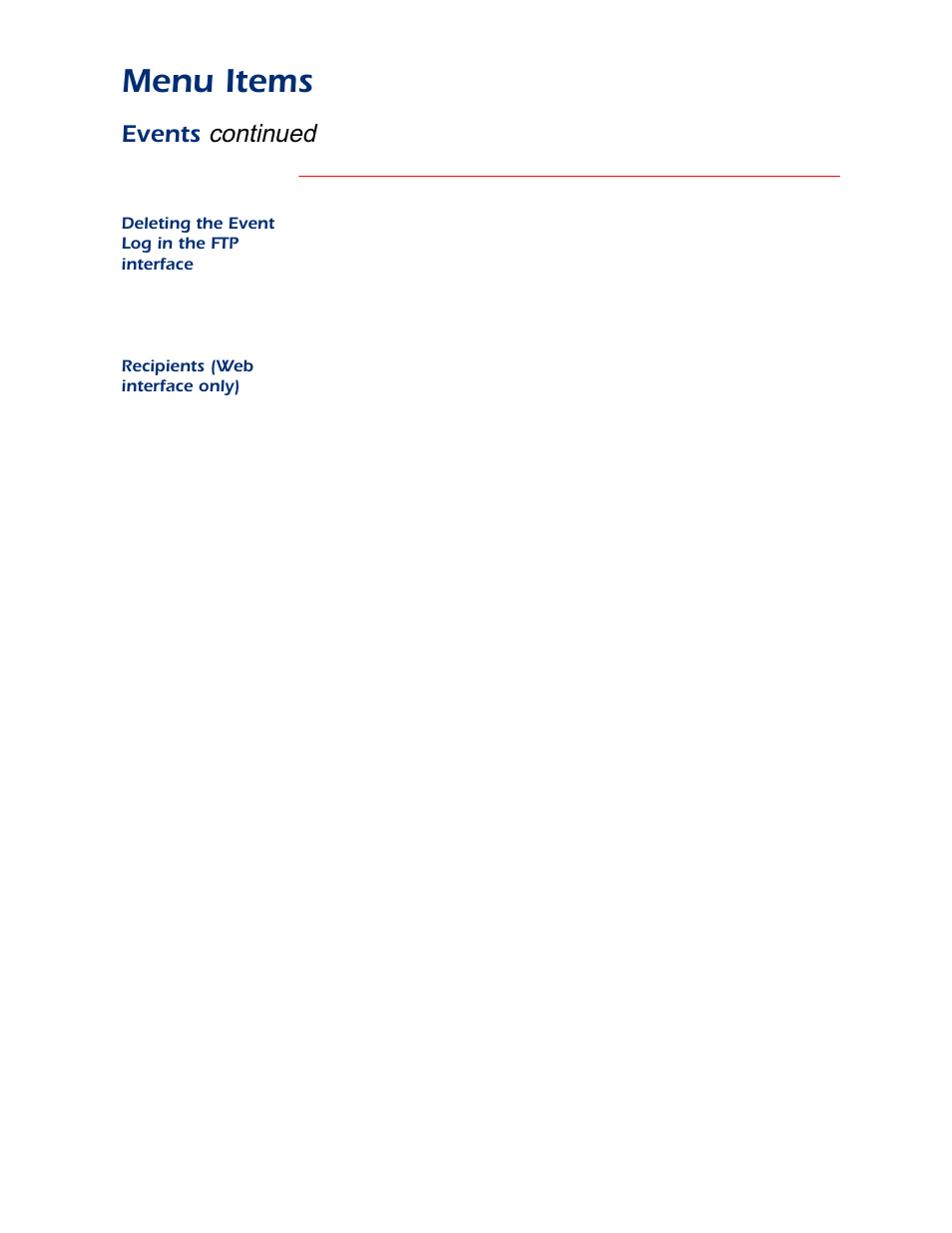 Deleting the event log in the ftp interface, Recipients (web interface only), Recipients (web interface only | Menu items, Continued, Events | APC AP9312TH User Manual | Page 15 / 32