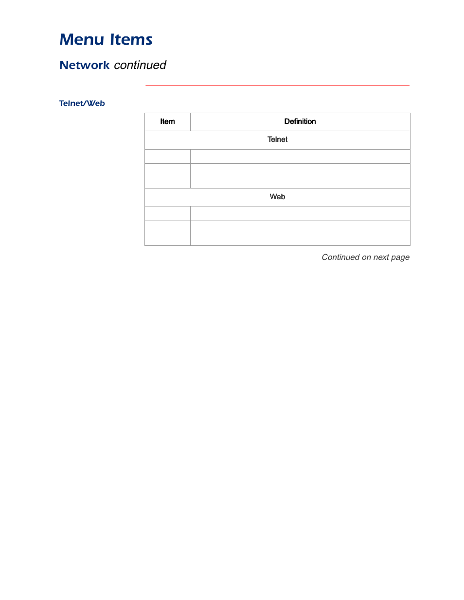 Telnet/web, Menu items, Continued | Network | APC AP9312TH User Manual | Page 17 / 32