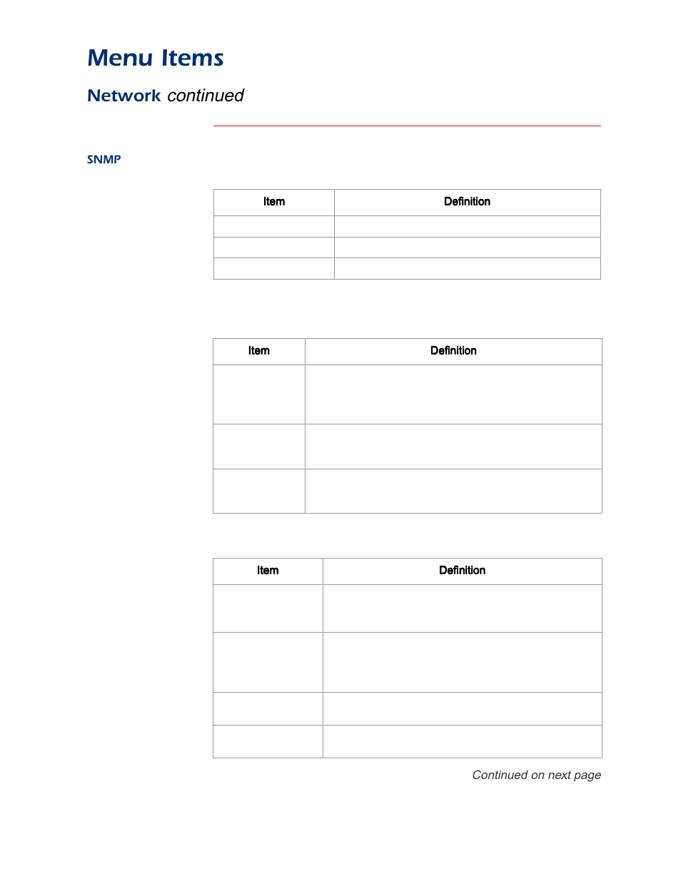 Snmp, Menu items, Continued | Network | APC AP9312TH User Manual | Page 18 / 32