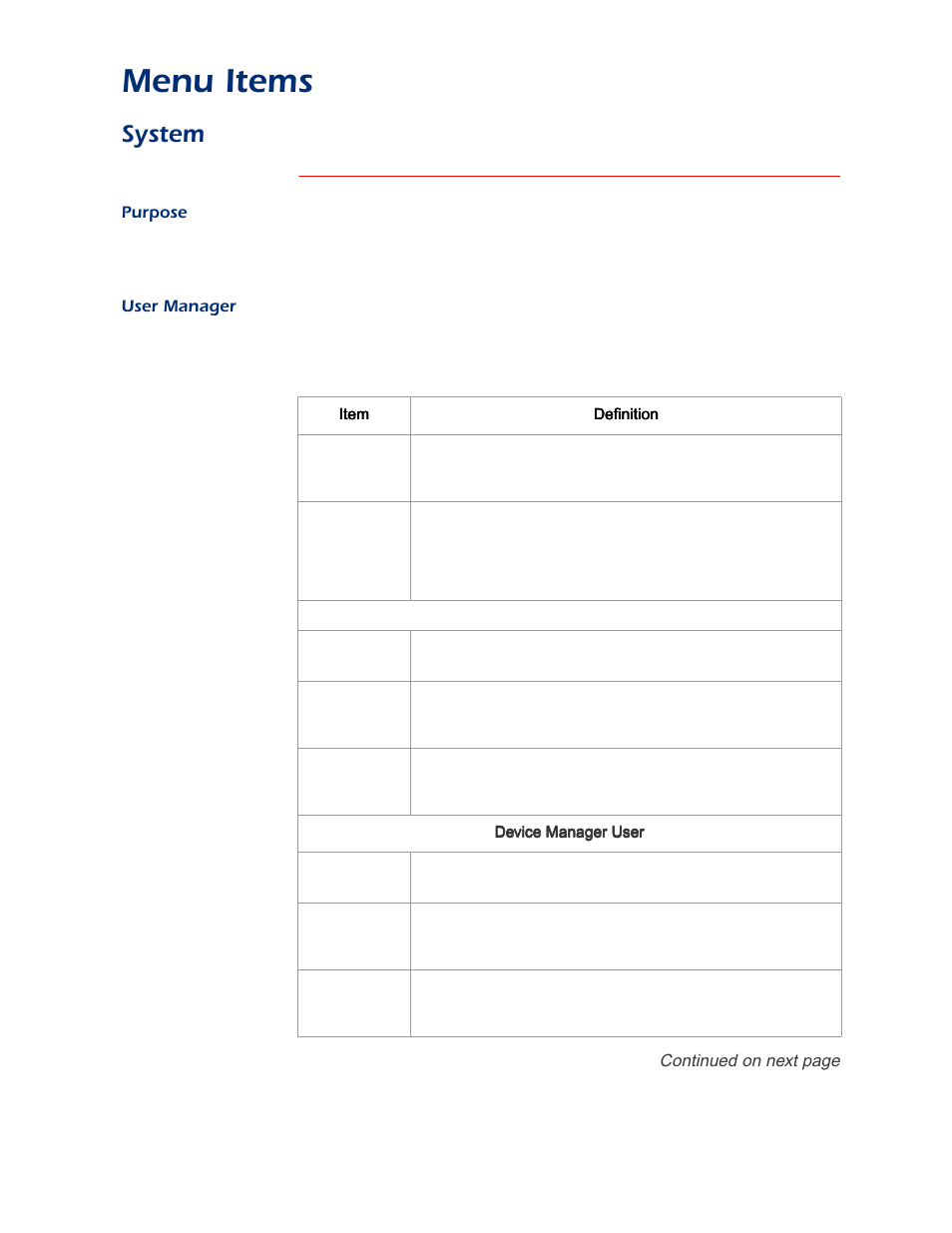 System, Purpose, User manager | User, Menu items | APC AP9312TH User Manual | Page 20 / 32