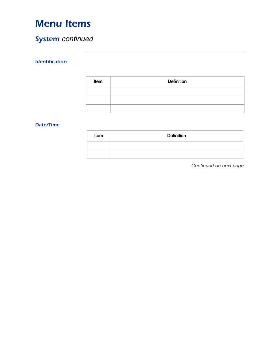 Identification, Date/time, Menu items | Continued, System | APC AP9312TH User Manual | Page 21 / 32