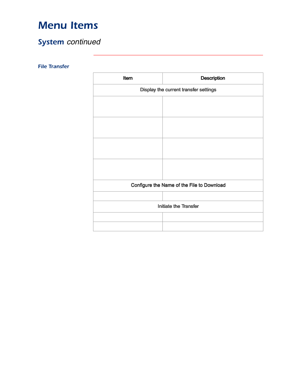 File transfer, Menu items, Continued | System | APC AP9312TH User Manual | Page 22 / 32